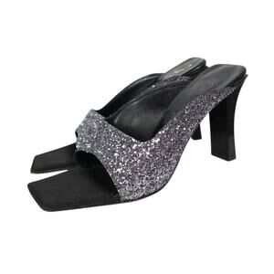 Vintage BCBGMAXAZRIA Silver Glitter Square Open Toe Mule Heel Sandals 9